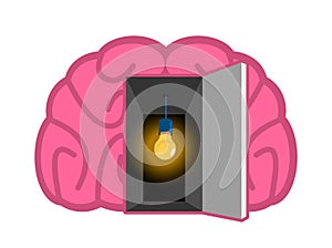 Brain with light bulb Open door. concept of mind illumination. P