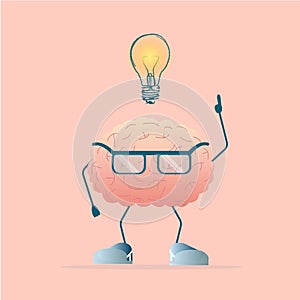 Brain With Lightbulb Above Head Having Idea, Pink Background, Illustration