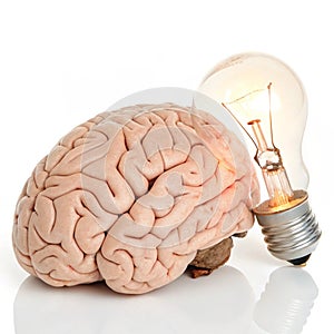 Brain with lightbulb isolated on white background