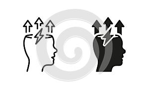 Brain and Lightning Bolt Silhouette and Line Icon Set. Stress, Creative Mind, Headache Pictogram. Creativity Think