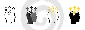 Brain and Lightning Bolt Silhouette and Line Icon. Stress, Creative Mind, Headache Pictogram. Creativity Think, Smart