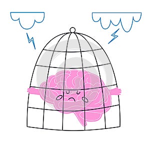 Brain locked in cage. Vector concept illustration of captive and imprisoned mind