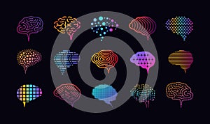 Brain logo. Abstract AI icons. Psychology symbols. Neural science artificial data. Cyber technology. Genius cerebrum photo