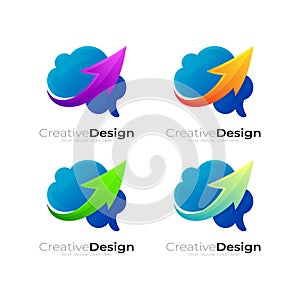 Brain logo blend with arrows, 3d colorful, set logos