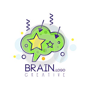 Brain logo in line style with green fill. Intelligence symbol with creative mind. Vector design for corporate identity