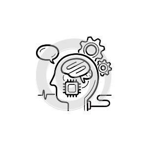 Brain machine interface hand drawn outline doodle icon.