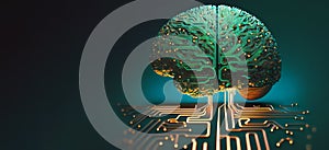 Brain made of circuits in the center of the motherboard, artificial intelligence concept, brain to computer interface Generative