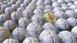 Brain made of gold among the usual ones. Genius, mastermind, talent or education conceptual 3D rendering