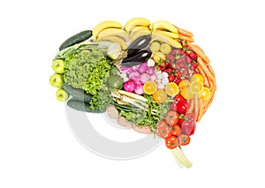 Brain made out of fruits and vegetables isolated on white