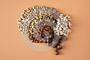 Brain made up of nuts isolated on beige background, healthy snack, concept photography for food blog or advertising