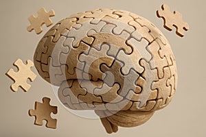 A brain made of wooden puzzle pieces with some missing, a concept for memory loss