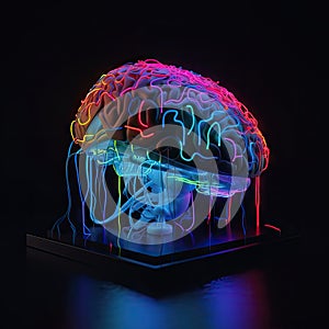 Brain maquette with neon nerves on black stand. Blue, purple, yellow lights, future technologies. AI generative