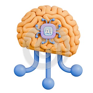 Brain with microchip processor and neural network circuit, artificial intelligence 3d illustration