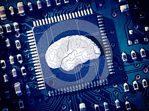 Brain in the middle of blue circuit board