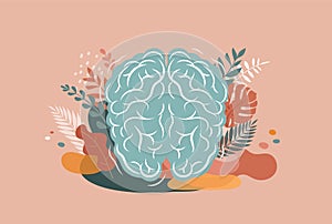 Brain, mind and mindfulness concept illustration. Vector background and poster with leaves and nature