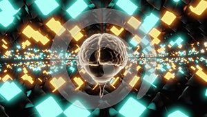 A brain moves through a tunnel of moving glowing blocks. Visual noise. Information noise. Searching for truth on the web