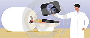 Brain MRI, patient with doctor, Flat vector stock illustration with MRI machine or tamograph for computerized head tomogram