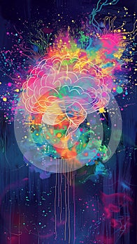 Brain neon colors psychedelic illustration abstract exploding bright