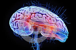 Brain Neurons excitatory and inhibitory. Glial cells, astrocytes microglia, neural processes. CNS and PNS, Central nervous system photo