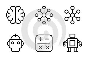 brain, neurons, and machine learning technology with digital connections, perfect for AI and tech themes line art icon set