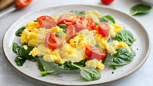 Plate of scrambled eggs with spinach and tomatoes