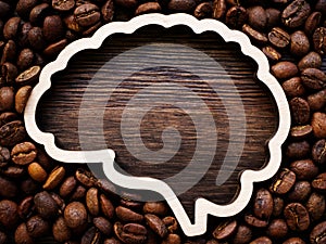 Brain outline with space for inscription surrounded by roasted coffee beans for energy and cheerfulness. photo