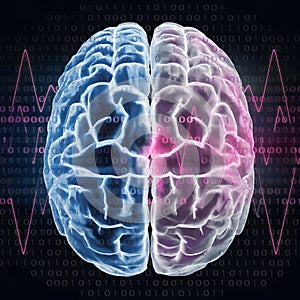 Brain overlaid with binary code and electric zigzags in hues