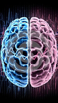 Brain overlaid with binary code and electric zigzags in hues