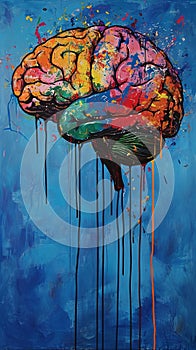 Brain Painting With Dripping Paint, Intriguing Artwork Illustrating Creativity and Unconscious Mind