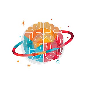 Brain planet vector logo design. Intellectual and smart logo concept.