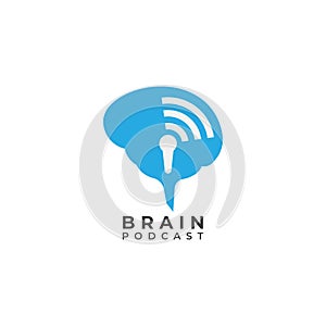 Brain podcast logo design template. Blue brain with microphone icon and signal wave illustration logo concept. Isolated on white