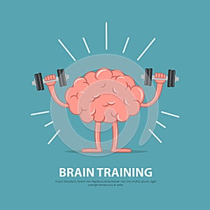 Brain power. Brain exercise. Cartoon brain character lifting dumbbells.