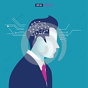 Brain with printed circuit board design and businessman representing artificial intelligence AI and neural networks. Business