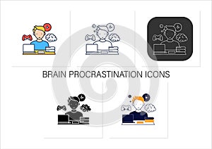 Brain procrastination icons set