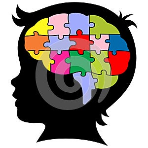 Brain Puzzle Child Head Silhouette Colorful Pieces Vector Illustration Icon