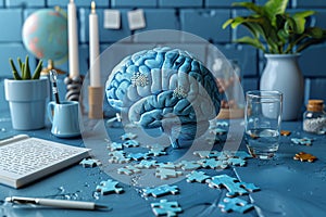 Brain with puzzle pieces on a desk, creative mind, exploding brain full of ideas and imagination, education and innovation concept