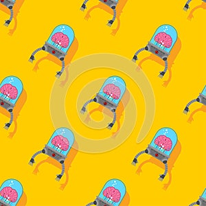 Brain with robot hands pattern seamless. Artificial intelligence with human organs. Technology of the future. Brain cyborg with