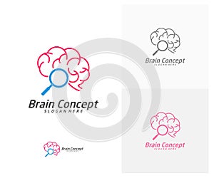 Brain Search Logo design vector template. Think idea concept. Brainstorm power thinking brain icon Logo