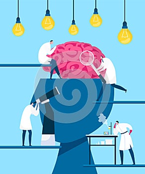 Brain searching idea, discovery vector illustration. Intelligence and creativity, innovation. Scientists discover human