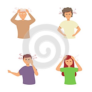 Brain sick icons set cartoon vector. People suffering dizziness and migraine