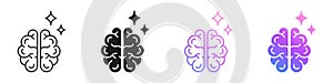 Brain With Sparkles Line and Solid Icon Set. AI Intelligence Thinking And Knowledge Symbol Collection. Isolated Vector
