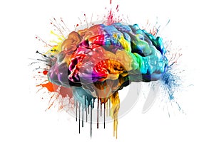 Brain in splashes of rainbow colors isolated on white f, creative concept of the human brain. Generative AI illustration