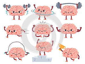 Cerebro a deporte. cómico cabeza Deportes actividades capacitación logros metáfora ejercicio idoneidad diseno de pintura 