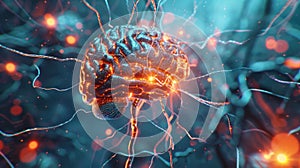 Brain stimulation with close-up neuron 3D rendering illustration. Neurology, cognition, neuronal network, psychology photo