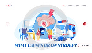 Brain Stroke, Apoplexy, Insult Attack Landing Page Template. Ambulance Hospitalize Patient Character to Clinic photo