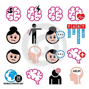 Brain stroke health medical icons - brain injury, brain damage concept