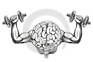 Brain with strong hands, brain training, icon cartoon hand drawn vector illustration sketch