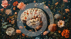 A brain surrounded by a garden of various blossoming flowers indicating the diverse range of thoughts and theories