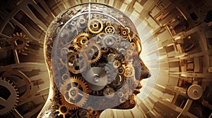 Brain surrounded by gears and cogs, illustrating the synergy of intellect