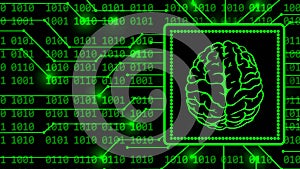 Brain symbol in frame - abstract background of 4-digit binary code behind information connecting lines - artificial intelligence